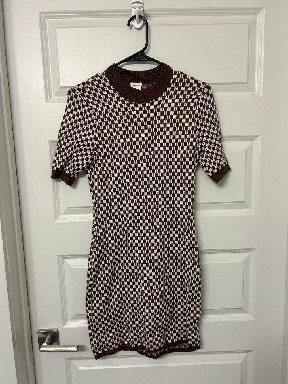 Abercrombie & Fitch Brown White Checkered Mock Neck Mini Sweater Dress Size M